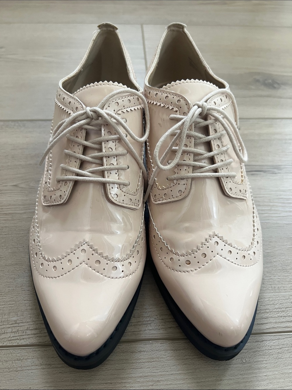 Patent Brogue Lace-Up Flats in Light Cream